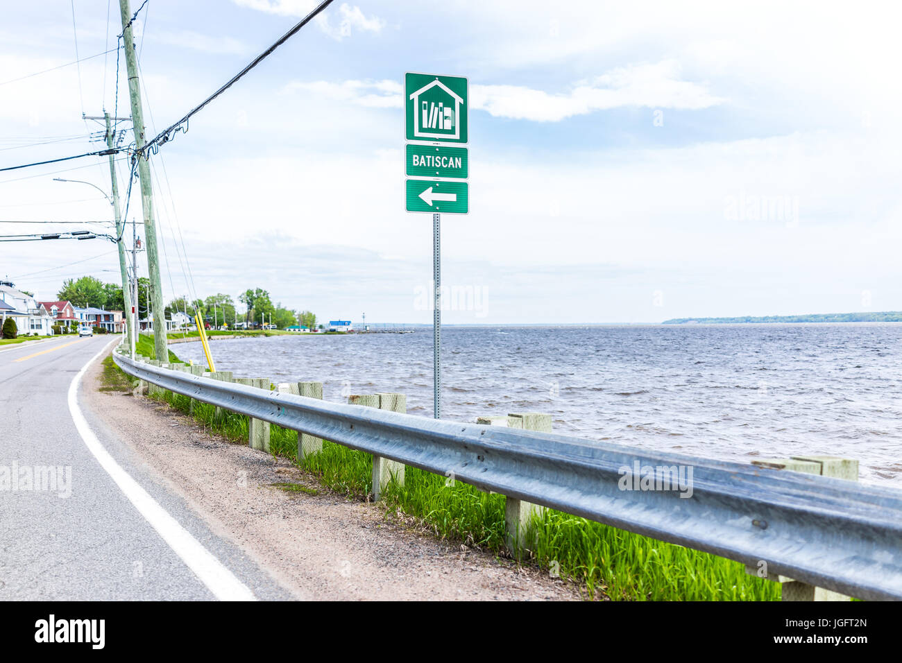 Batiscan, Canada - 29 Maggio 2017: segno della città nella piccola cittadina sul Chemin du Roy Foto Stock