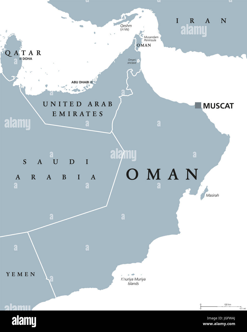 Oman mappa politico con capitale Muscat. Il sultanato e paese arabo in Asia occidentale e nel Medio Oriente sulla penisola arabica. Illustrazione di grigio. Foto Stock