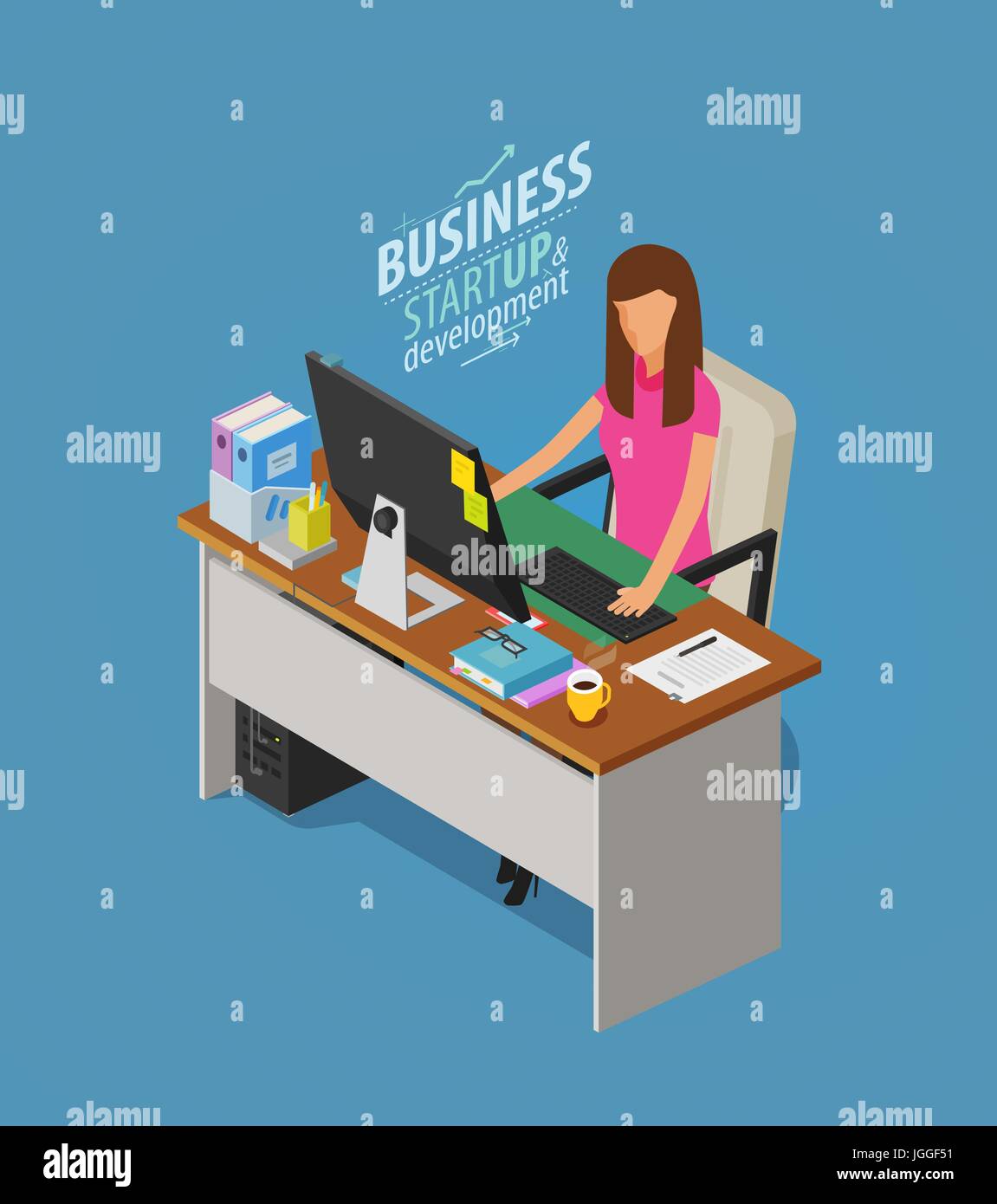 Il concetto di business. Ragazza, donna seduta alla scrivania con computer. Lavoratore di ufficio, il lavoro, l'icona del luogo di lavoro. Appartamento illustrazione vettoriale Illustrazione Vettoriale