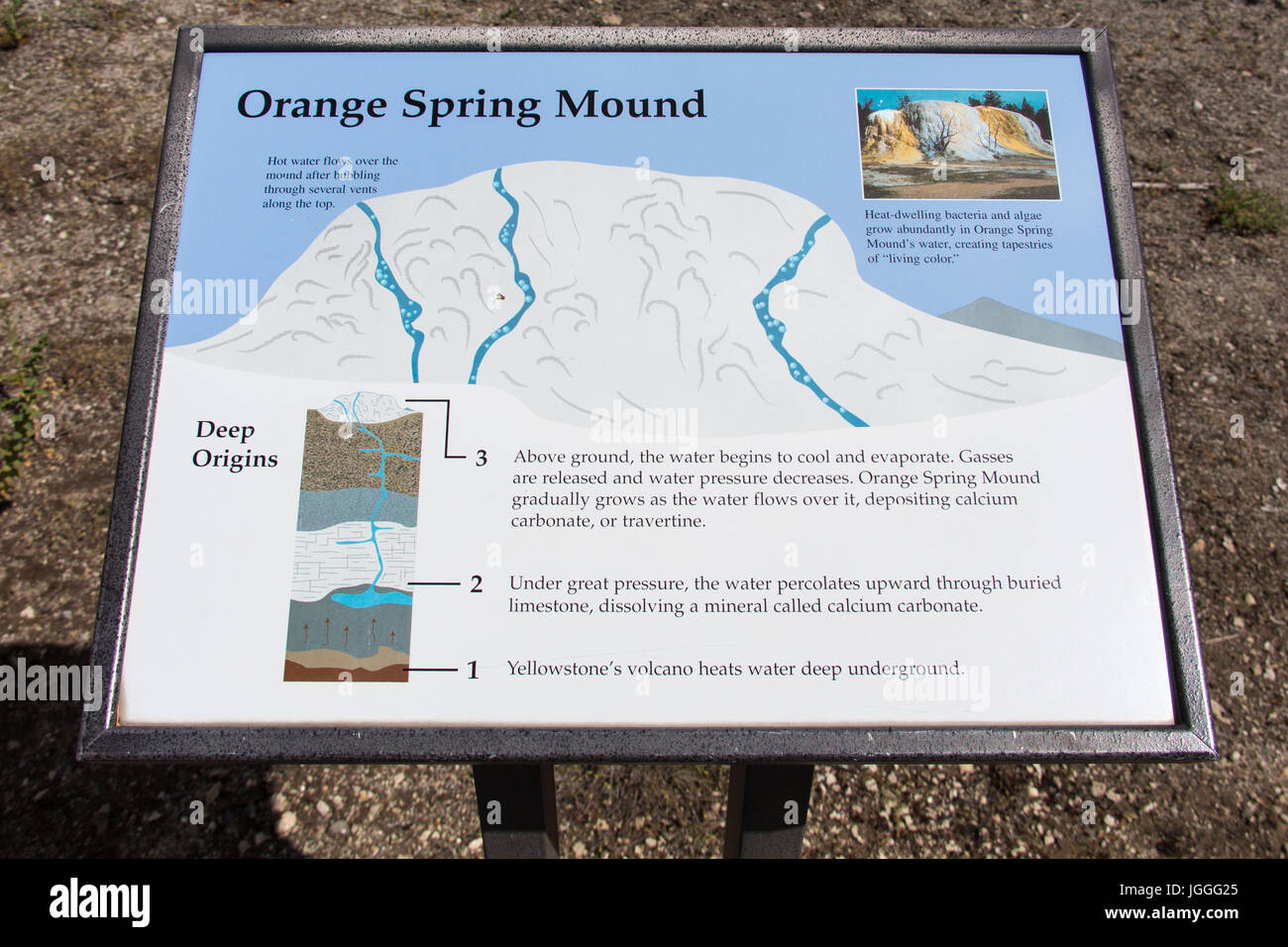 Visualizzazione di informazioni di colore arancione a Tumulo di primavera in Mammoth Hot Springs, il Parco Nazionale di Yellowstone Foto Stock