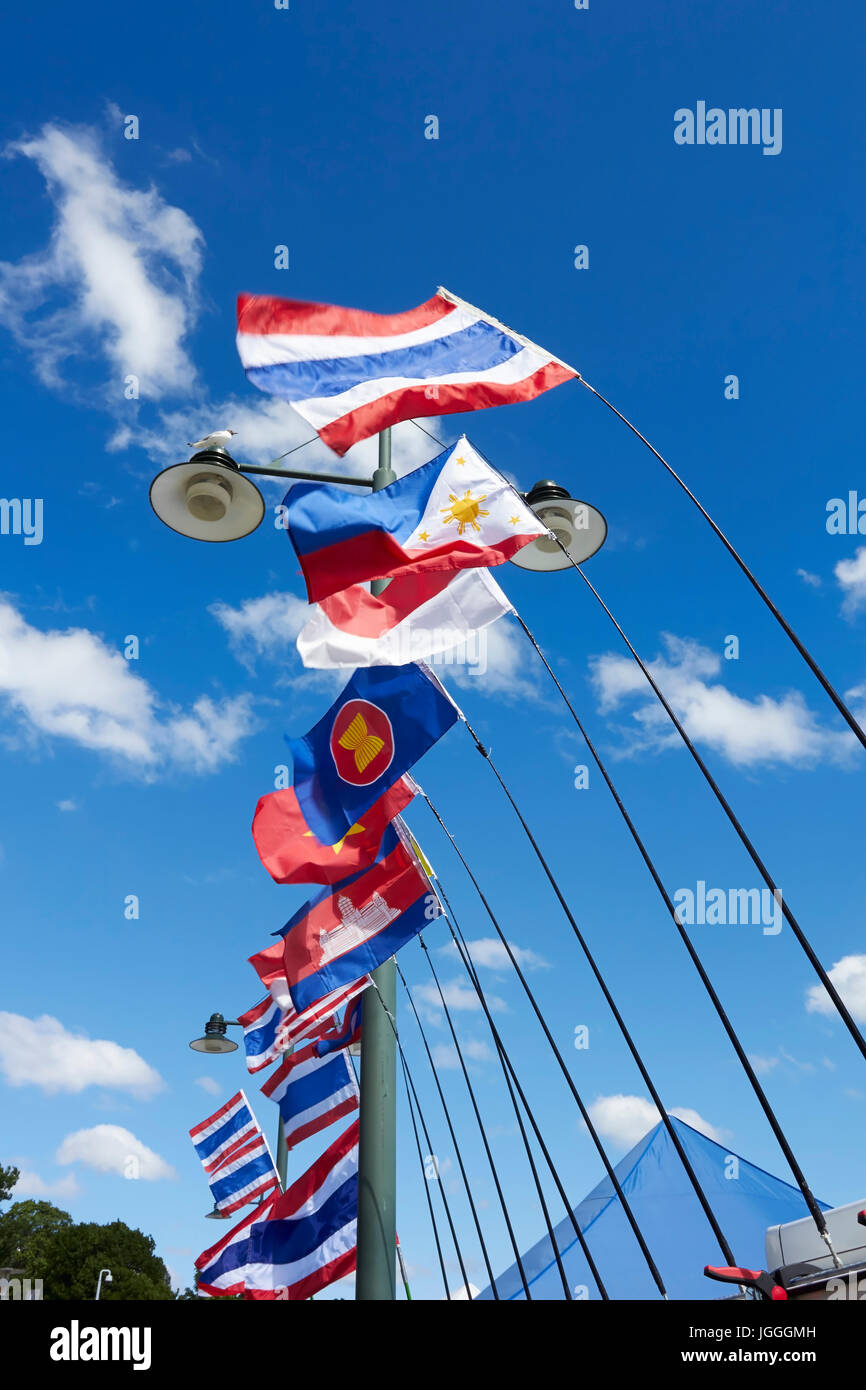 Bandiere asiatiche a livello internazionale le bancarelle del mercato Foto Stock