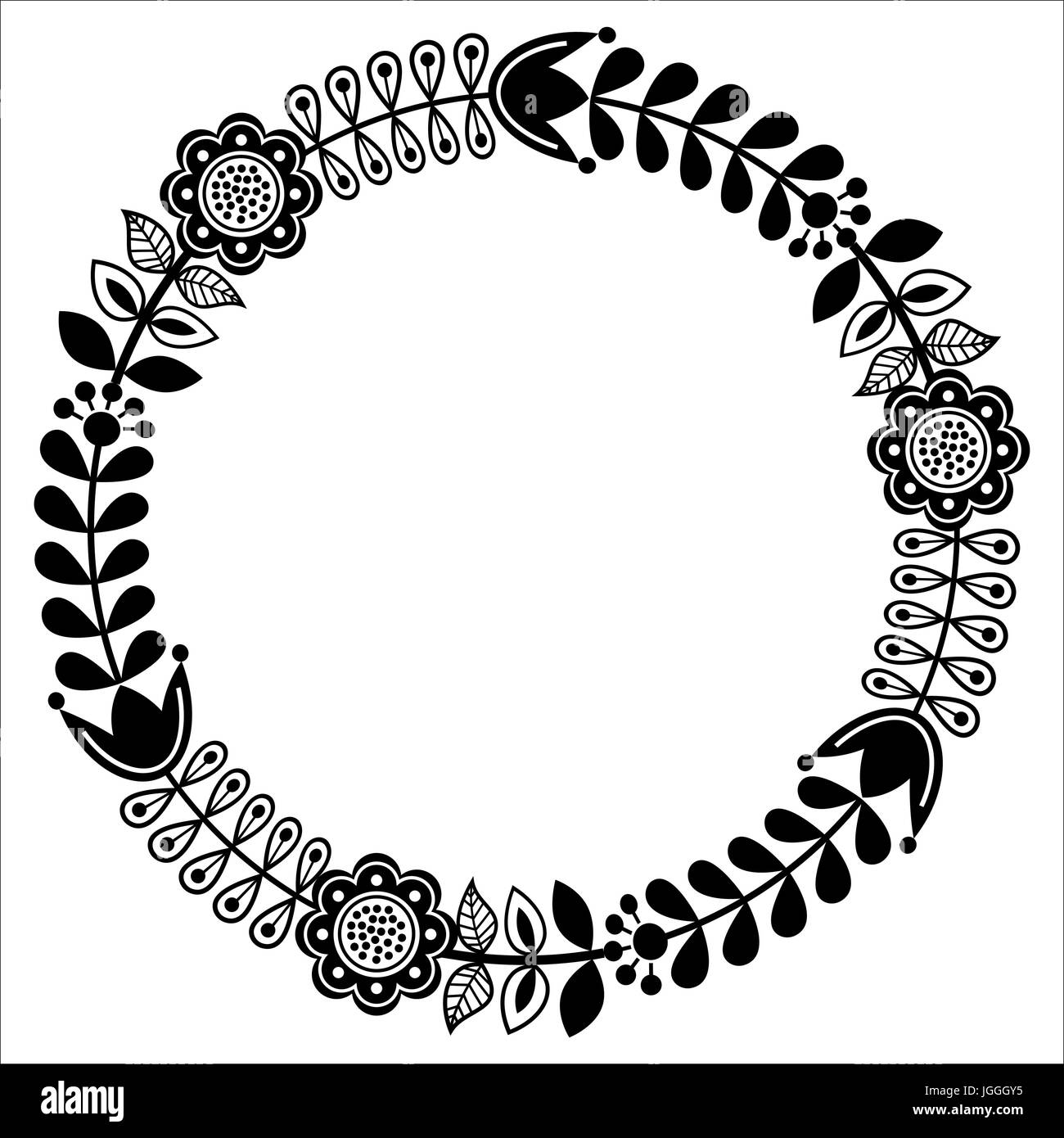 Floreale finlandese folk art rotondi - design nero, Nordica, stile scandinavo Illustrazione Vettoriale