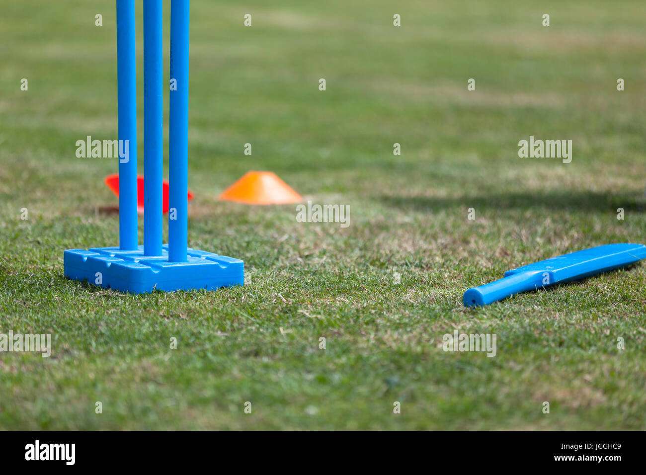 Giochi per bambini di cricket in plastica serie blu e coni sull'erba copyspace Foto Stock