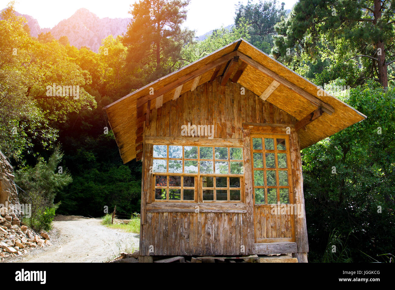 Casa in legno in una foresta, vacanze attive concetto Foto Stock