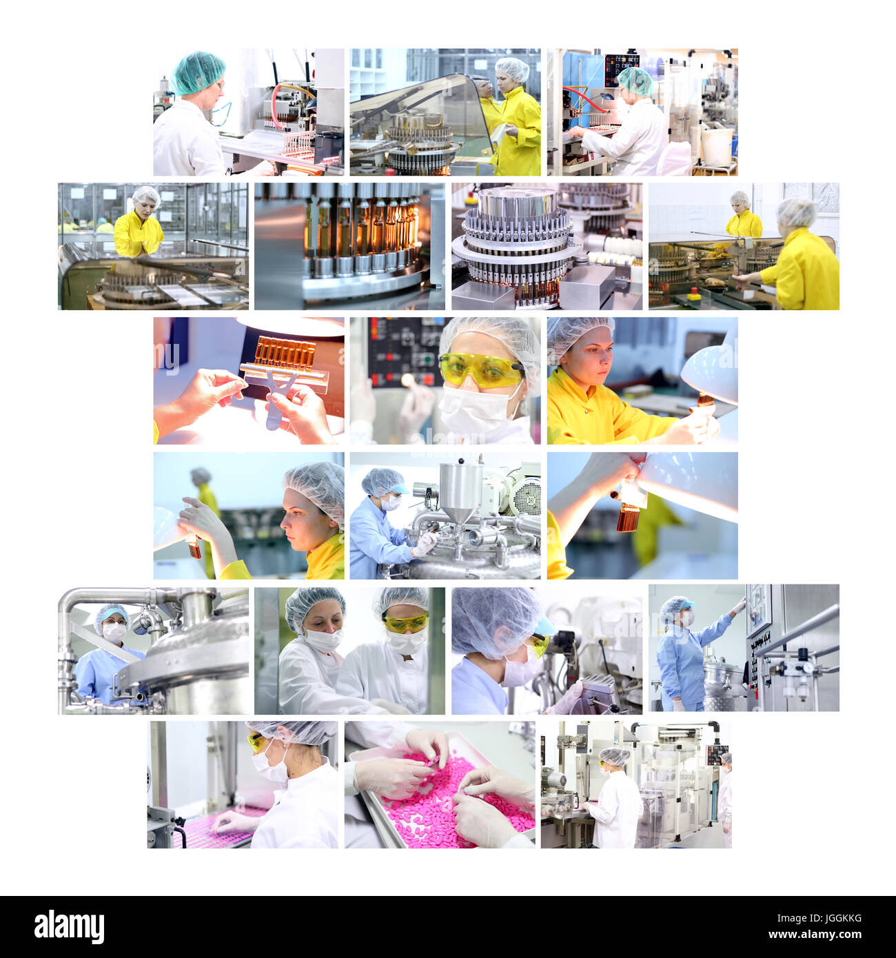 Collage industriale mostra dei lavoratori durante il lavoro sulla produzione di farmaci in fabbrica farmaceutica - vaccini, medicinali in ampolle, pillole, capsule, scheda Foto Stock