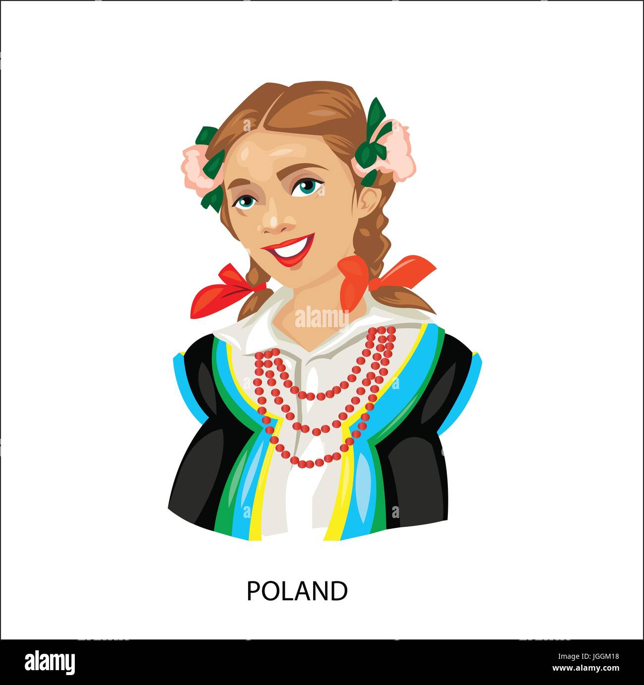 Vettore digitale funny cartoon sorridente Polonia donna in costume nazionale con perle, fiori nei capelli, astratto stile piatto Illustrazione Vettoriale