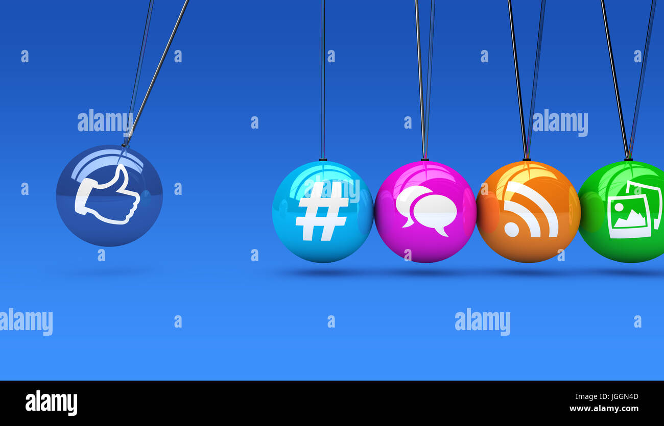 I social media e la rete web icone colorate sul concetto di sfere 3D immagine su sfondo blu. Foto Stock