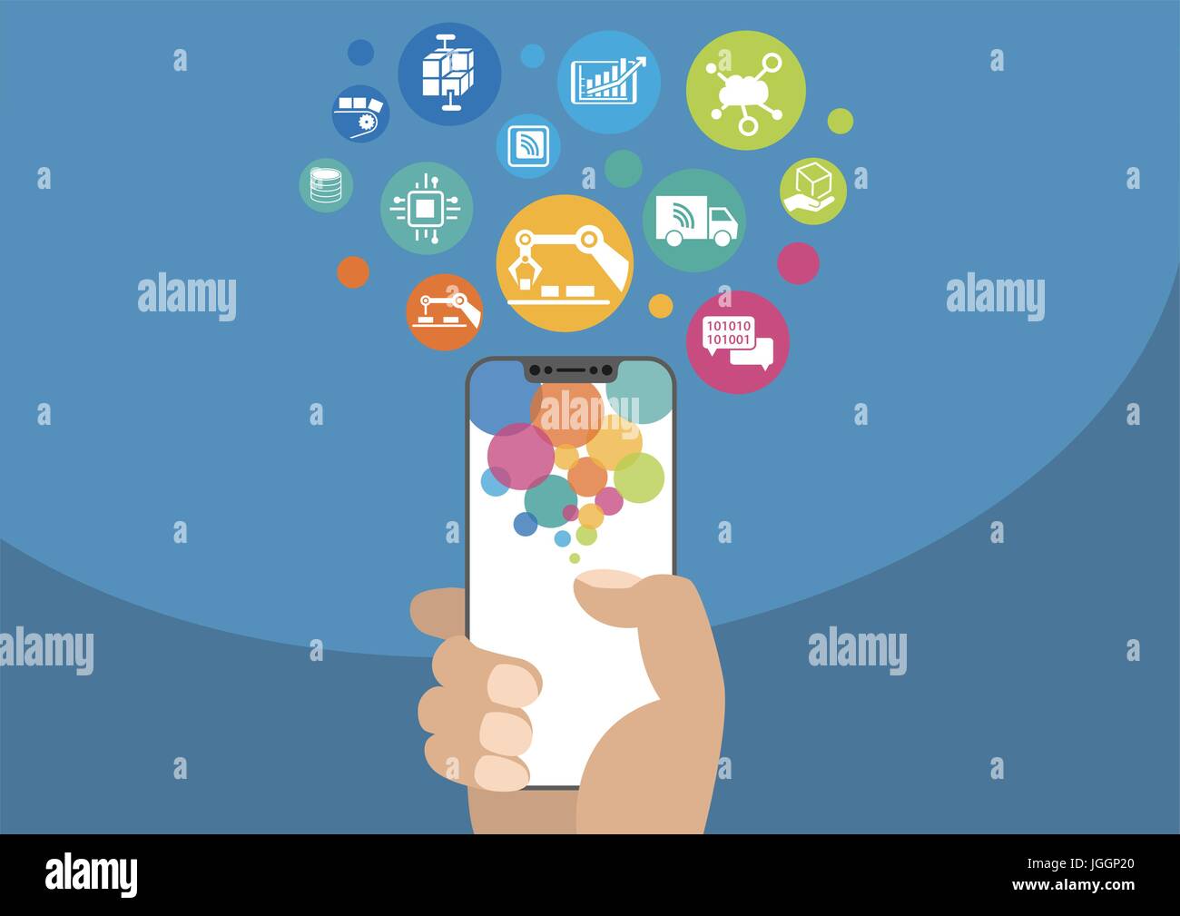 Smart factory illustrazione vettoriale con icone. Mano azienda cornice moderna-free / cornice smartphone su sfondo blu Illustrazione Vettoriale