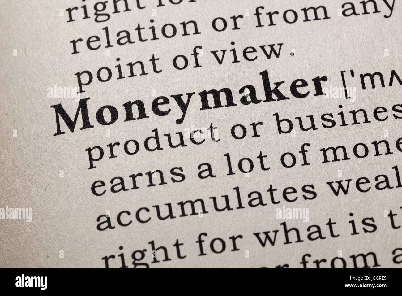 Fake Dizionario, definizione del dizionario della parola moneymaker. comprendente i principali parole descrittive. Foto Stock