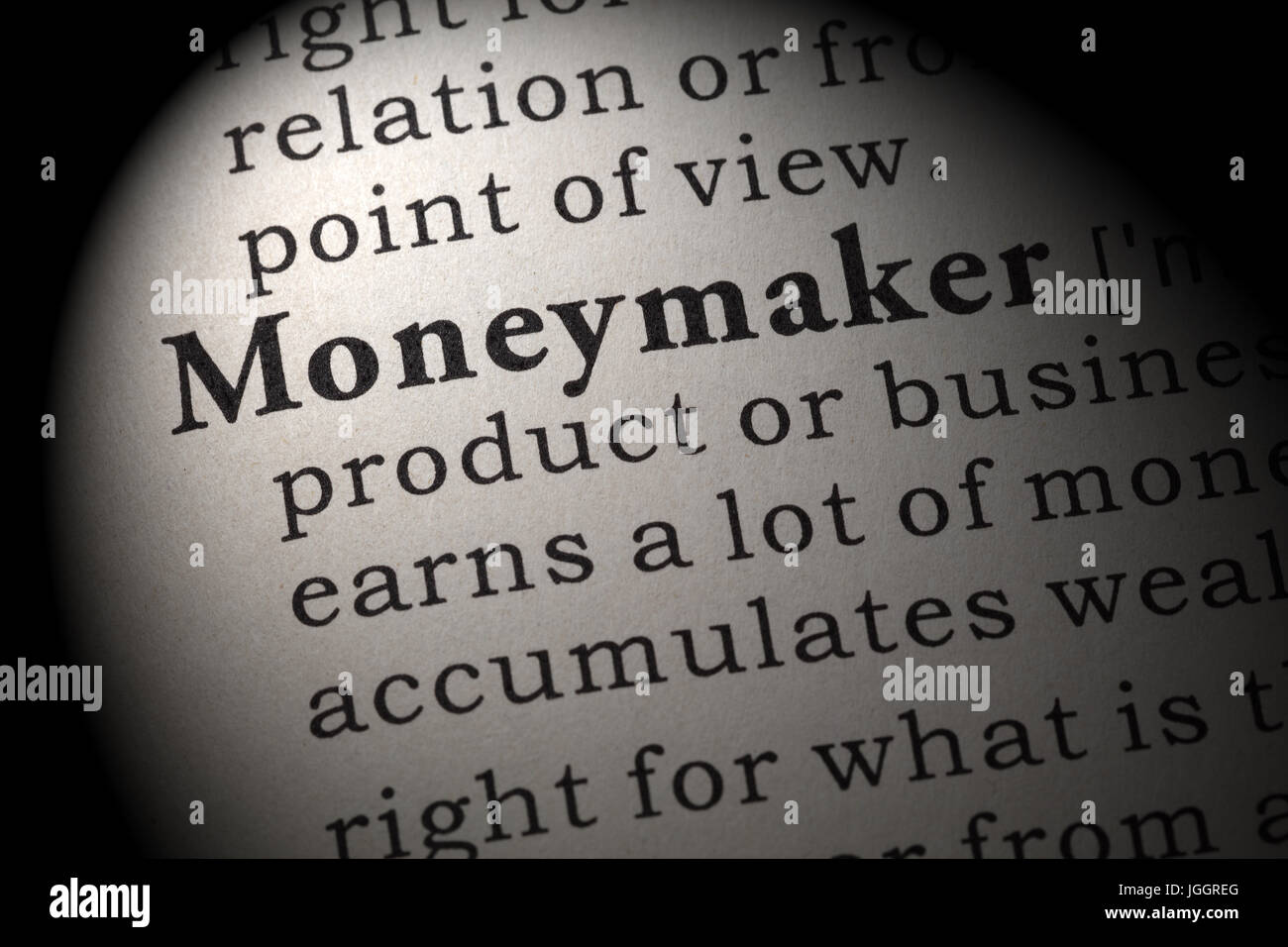 Fake Dizionario, definizione del dizionario della parola moneymaker. comprendente i principali parole descrittive. Foto Stock