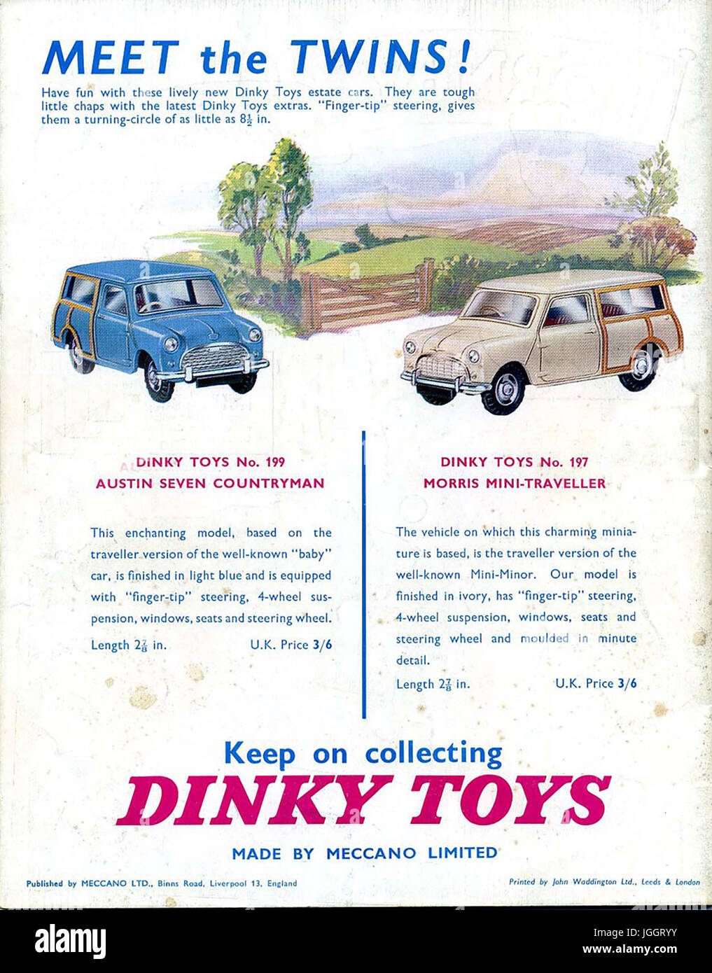 Meccano Magazine - a pieno colore pagina Dinky Toy inserzioni - 1961 - giocattoli realistici in concorrenza con modelli Corgi che erano in aumento in popolarità. Foto Stock