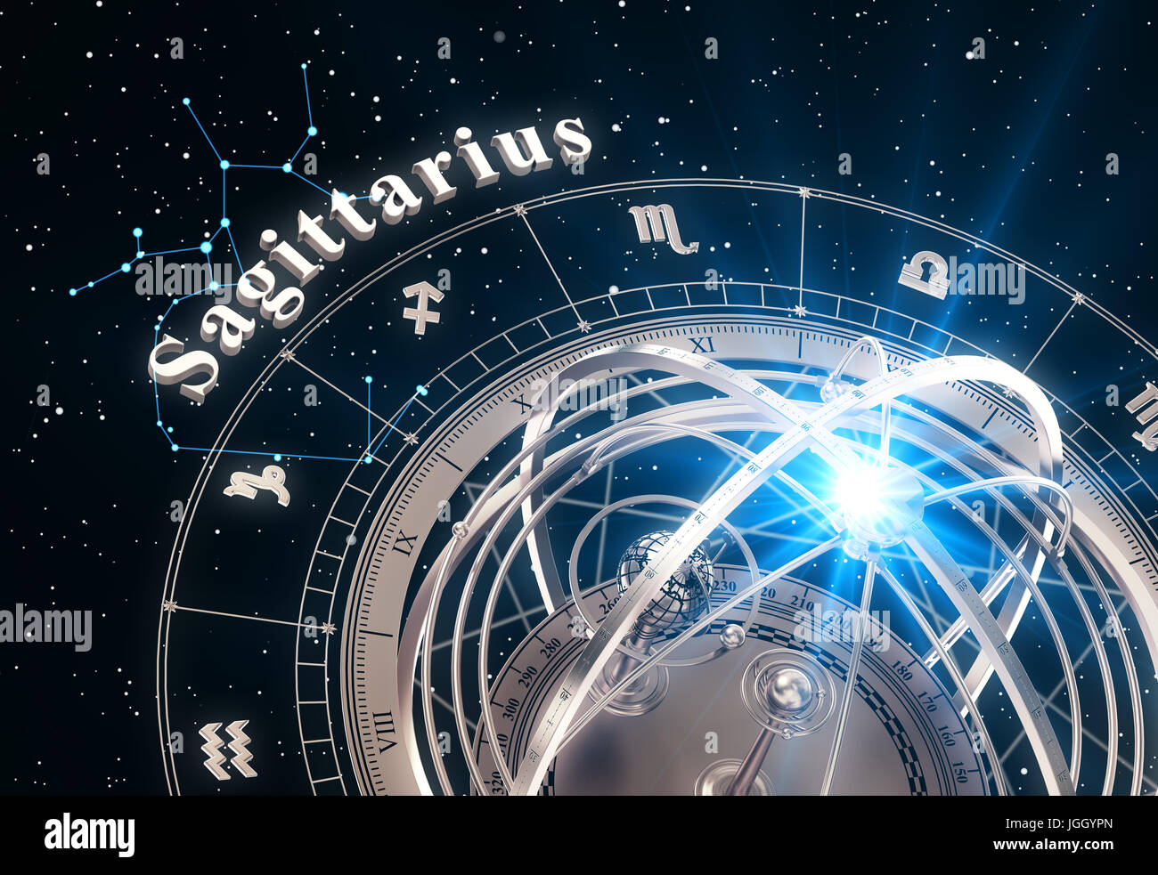 Segno zodiacale Sagittario e sfera armillare su sfondo nero Foto Stock