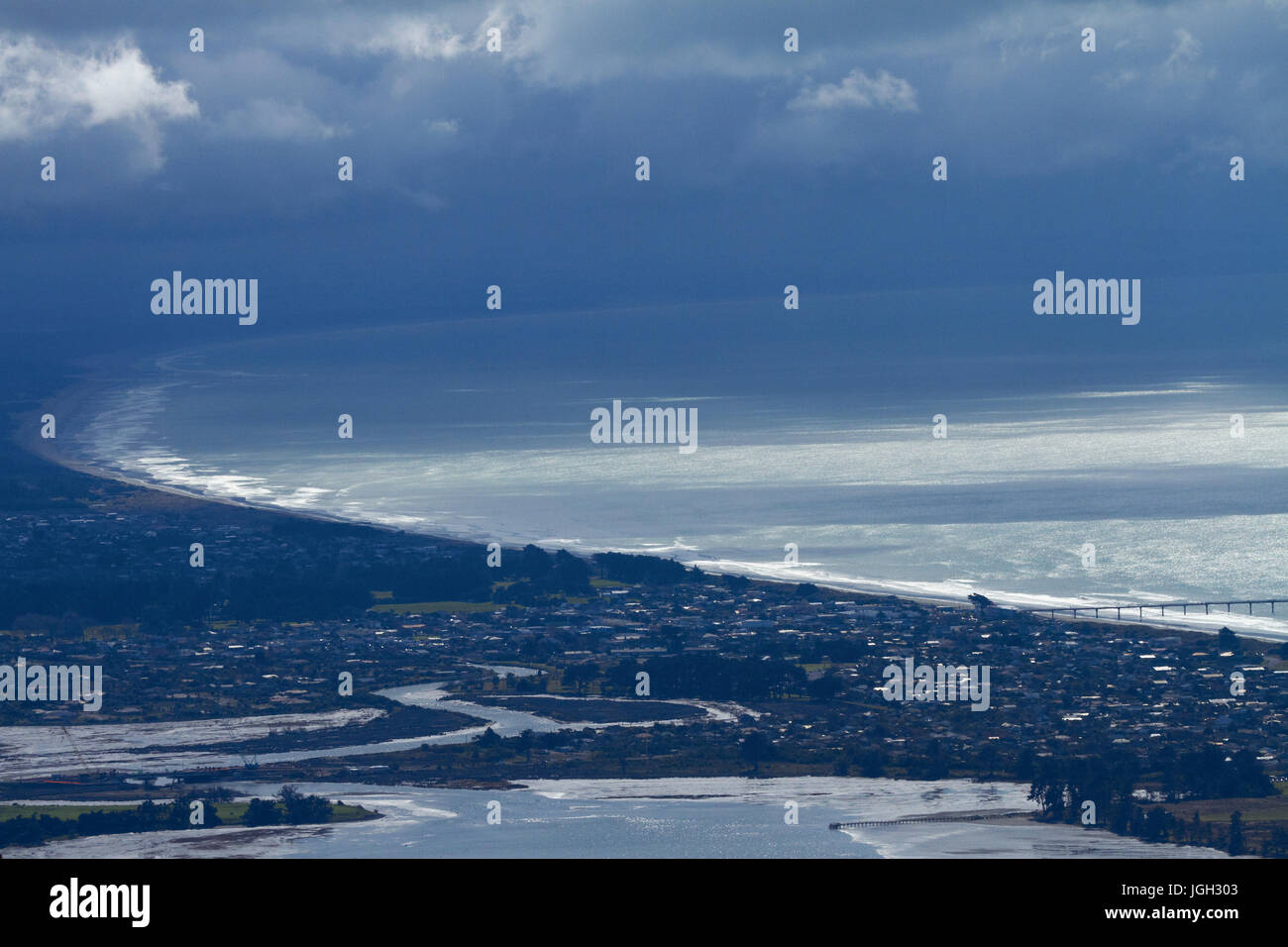 Estuario del Heathcote e fiumi Avon, New Brighton e il Sud delle Alpi, Christchurch, Canterbury, Isola del Sud, Nuova Zelanda Foto Stock