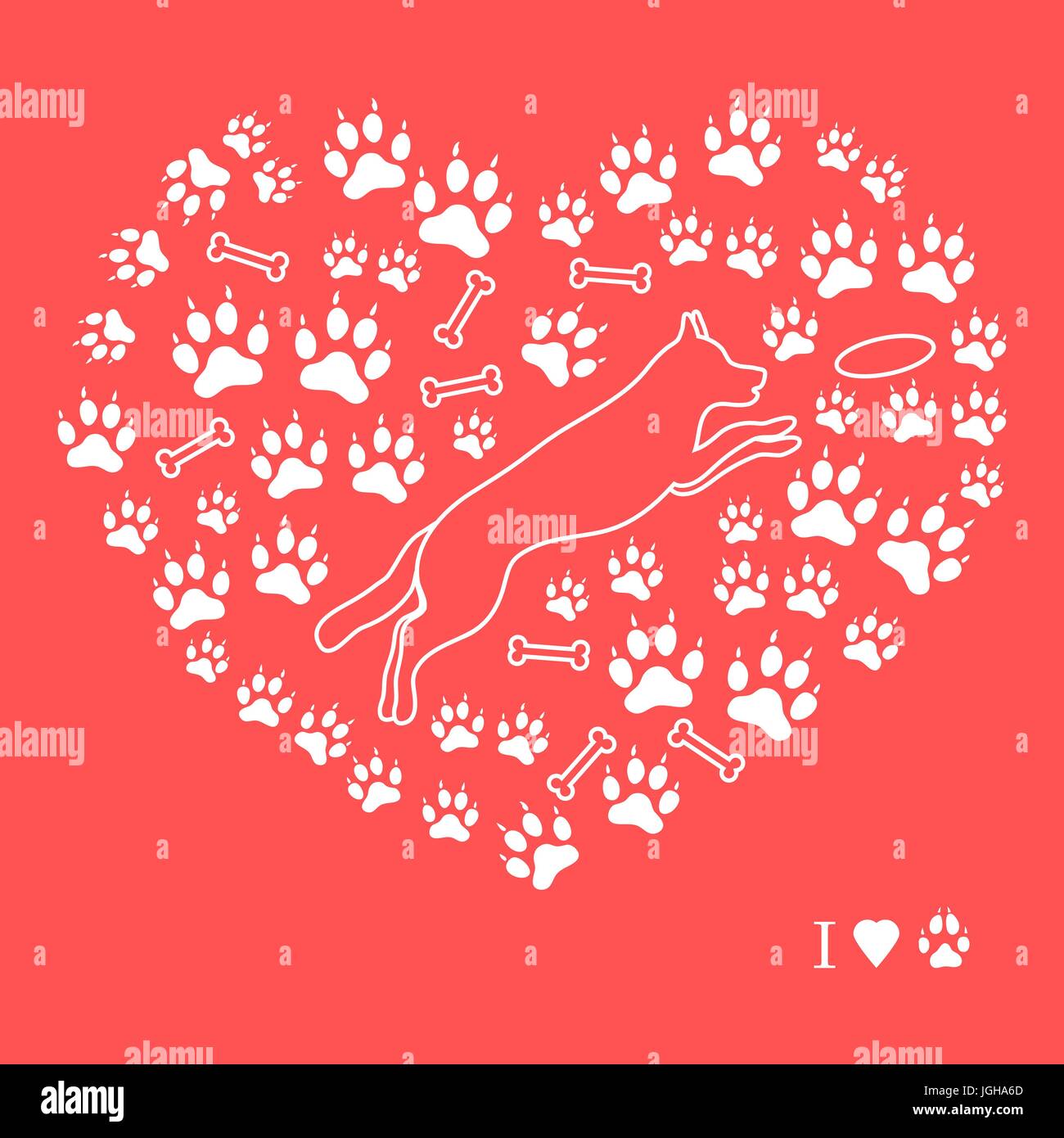 Bella immagine del cane di salto silhouette su uno sfondo di cane le vie e le ossa in forma di cuore su uno sfondo colorato. Illustrazione Vettoriale