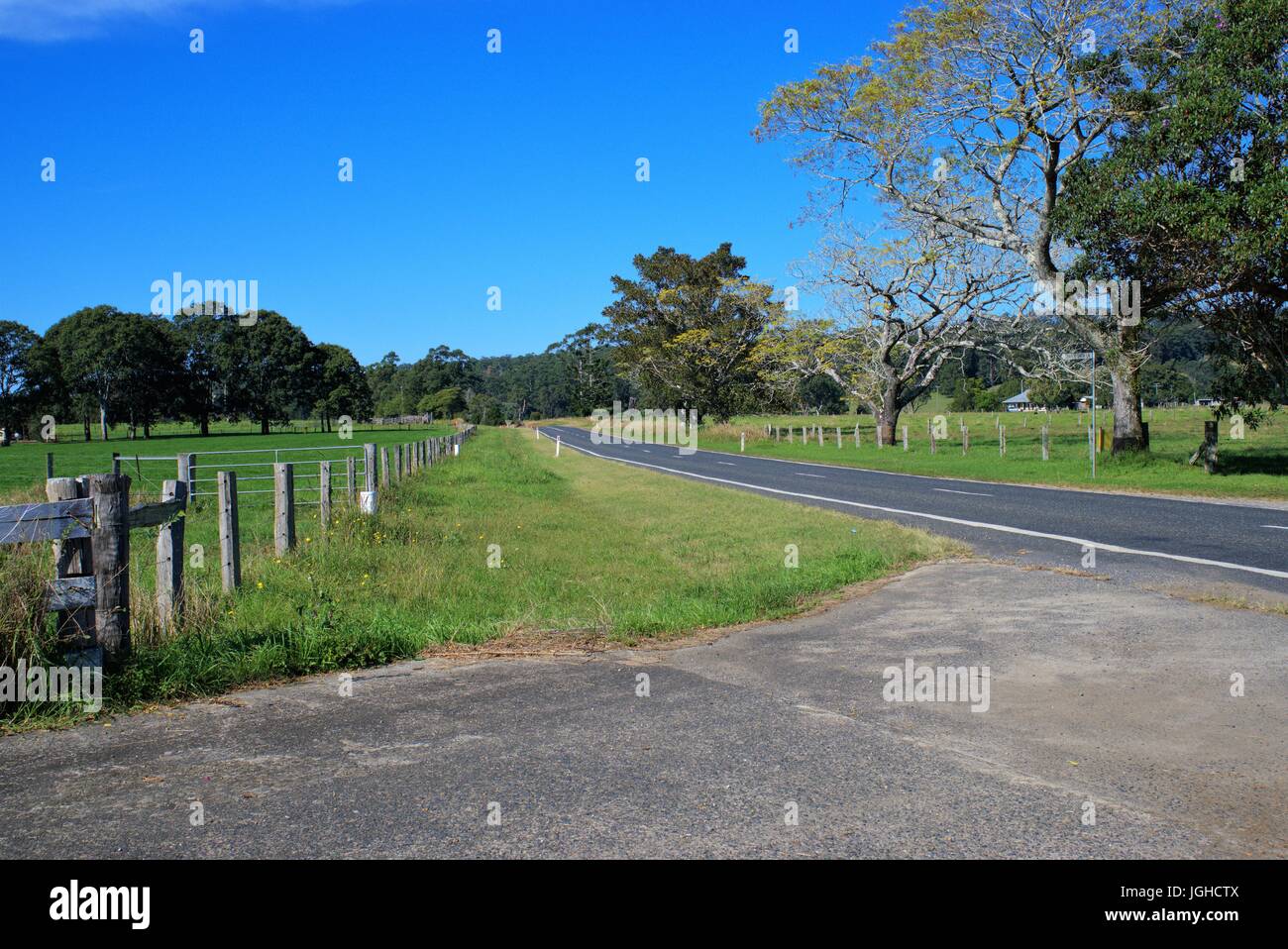Bella strada di campagna con erba verde prato con alberi e cielo blu nel lontano sullo sfondo del Nuovo Galles del Sud Australia Foto Stock