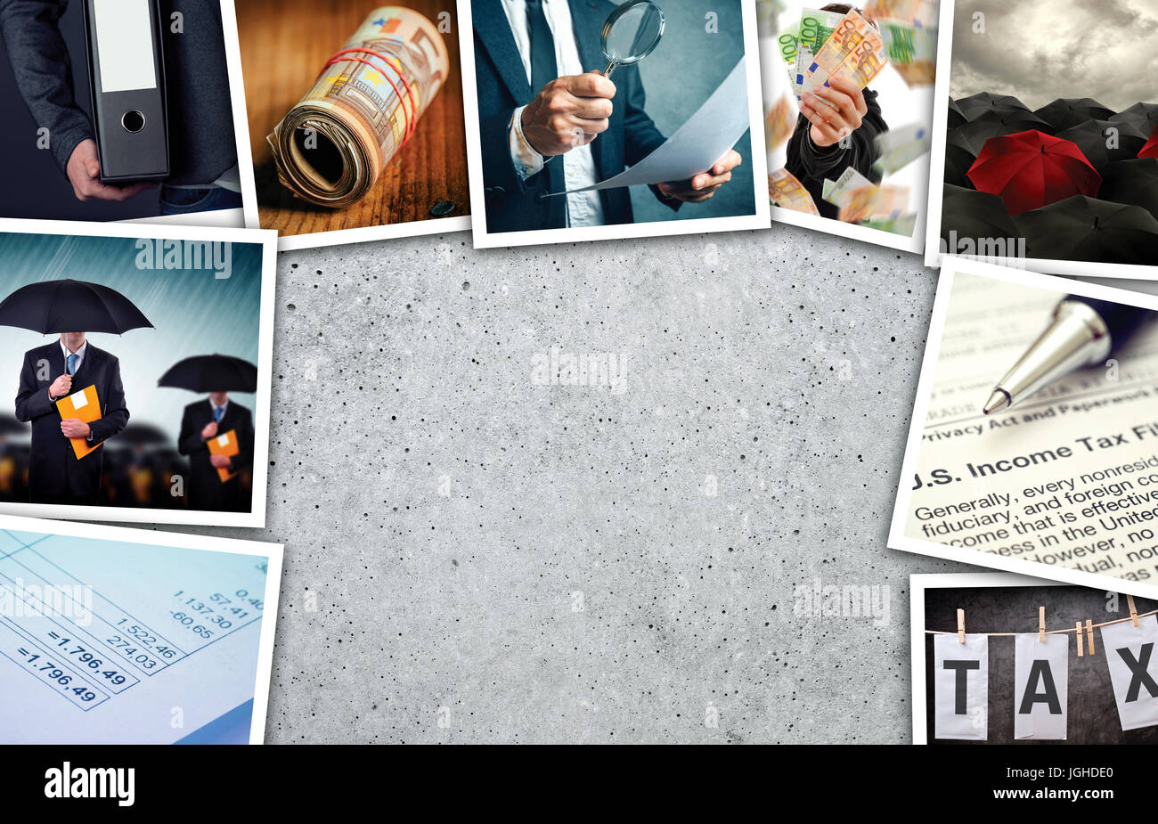 Business e le imposte sul reddito photo collage su cemento grigio sfondo Foto Stock