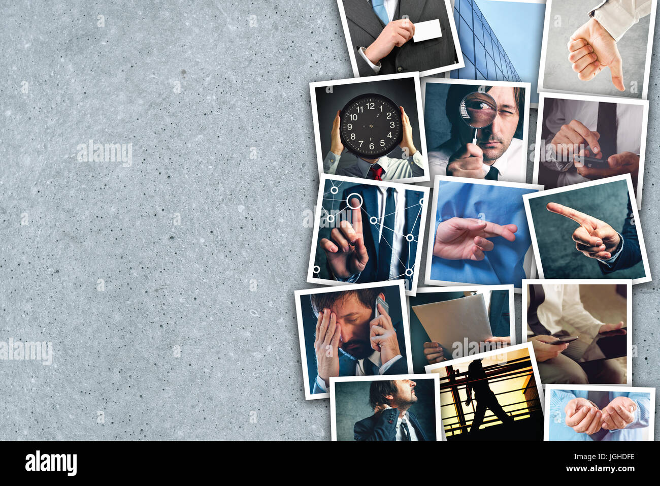 Business e imprenditorialità photo collage su cemento grigio sfondo Foto Stock