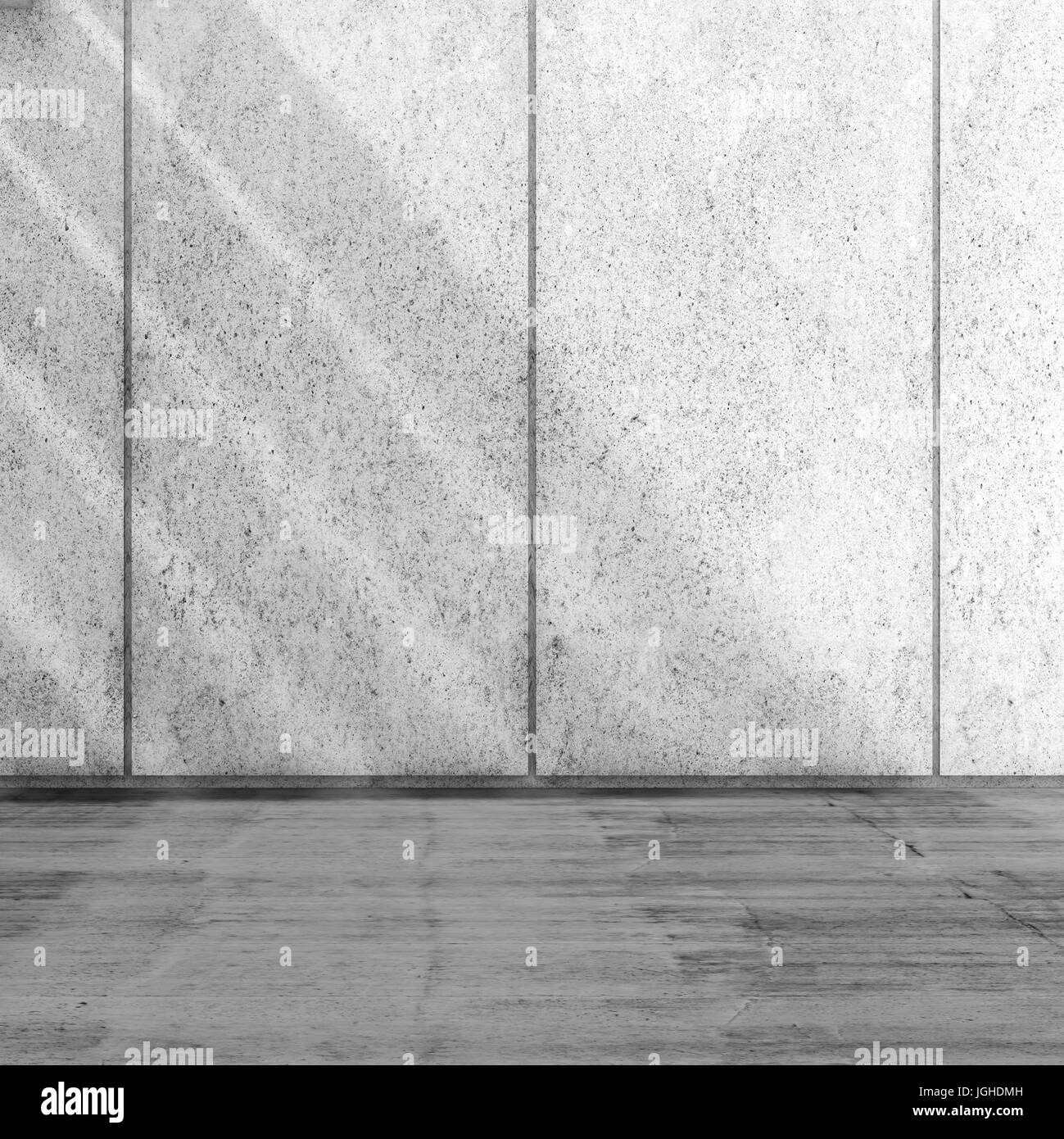 Abstract vuoto quadrato interno bianco sfondo con strisce di ombra sulla parete e pavimento di cemento. 3d illustrazione Foto Stock