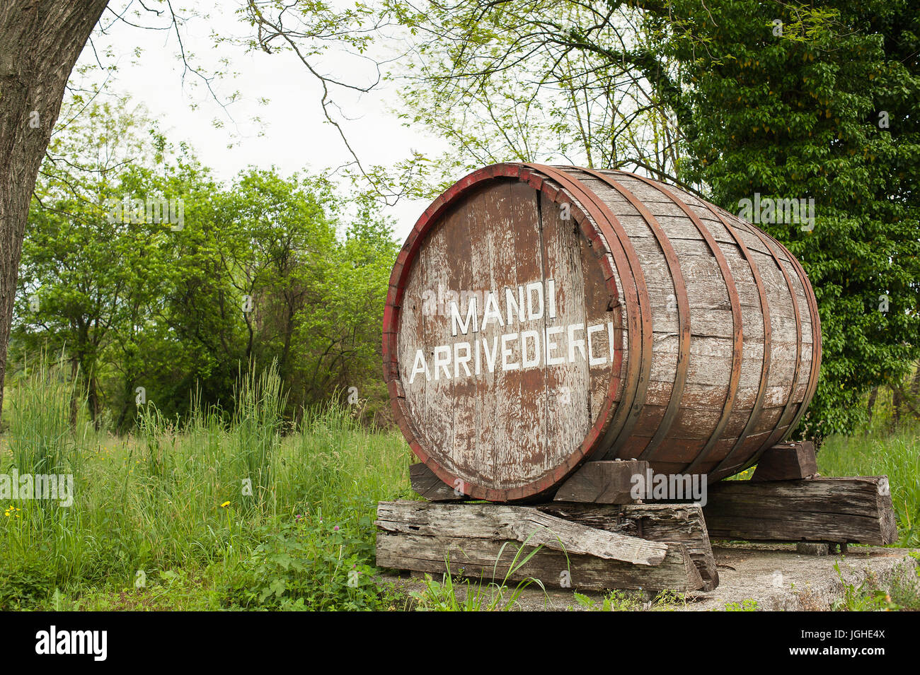 Barile vecchio che indica l'inizio di una zona vitivinicola di eccellenti uve. La scritta sulla canna dice "Arrivederci". In italiano e il friulano d Foto Stock