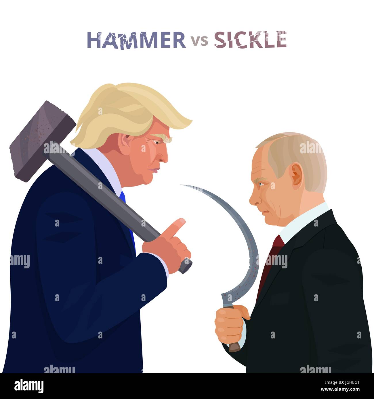 Donald Trump e Vladimir Putin, caricatura poster con iscrizione concettuale martello vs falce. Illustrazione Vettoriale