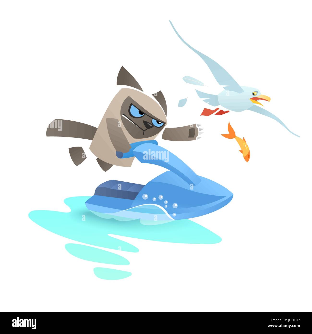 Angry cat su un jet ski persegue un gabbiano. Burbero disaffected tomcat hanno estrema leisure durante l'estate. Blue Sea scooter glide su un pezzo di acqua. Illustrazione Vettoriale