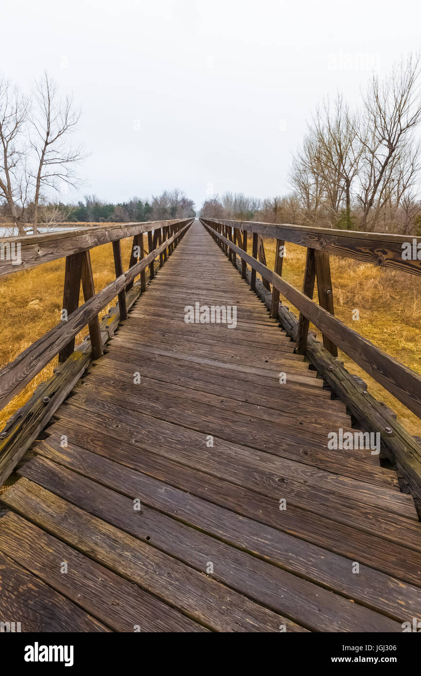 Sentiero Hike-Bike ponte sopra il fiume Platte, un ottimo posto per la visualizzazione di migrazione gru Sandhill, Antigone canadensis, durante la loro sosta a molla, Foto Stock