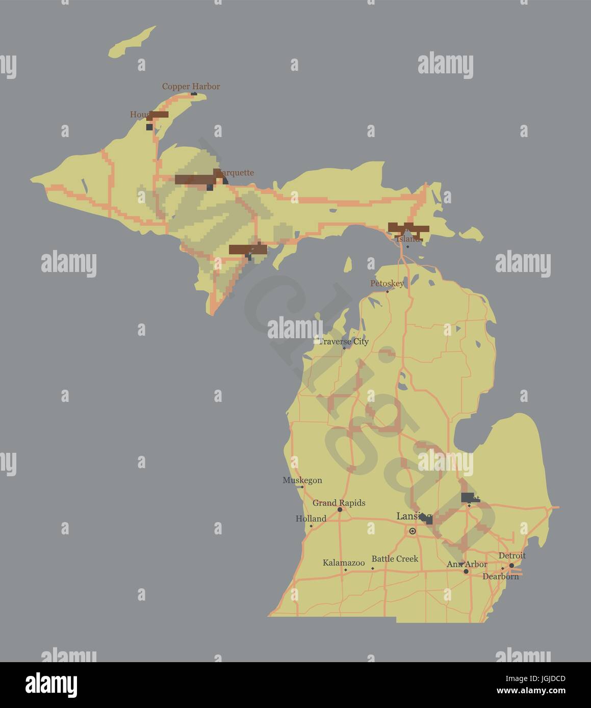Michigan esatta dettagliata vettore dettagliata mappa di stato con l'assistenza della Comunità e attiva le icone originali giallo pastello illustrazione con strade principali. U Illustrazione Vettoriale