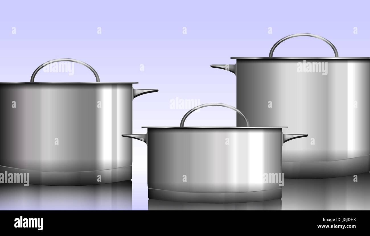 Gruppo di acciaio inossidabile stoviglie isolato su bianco illustrazione vettoriale. Illustrazione Vettoriale