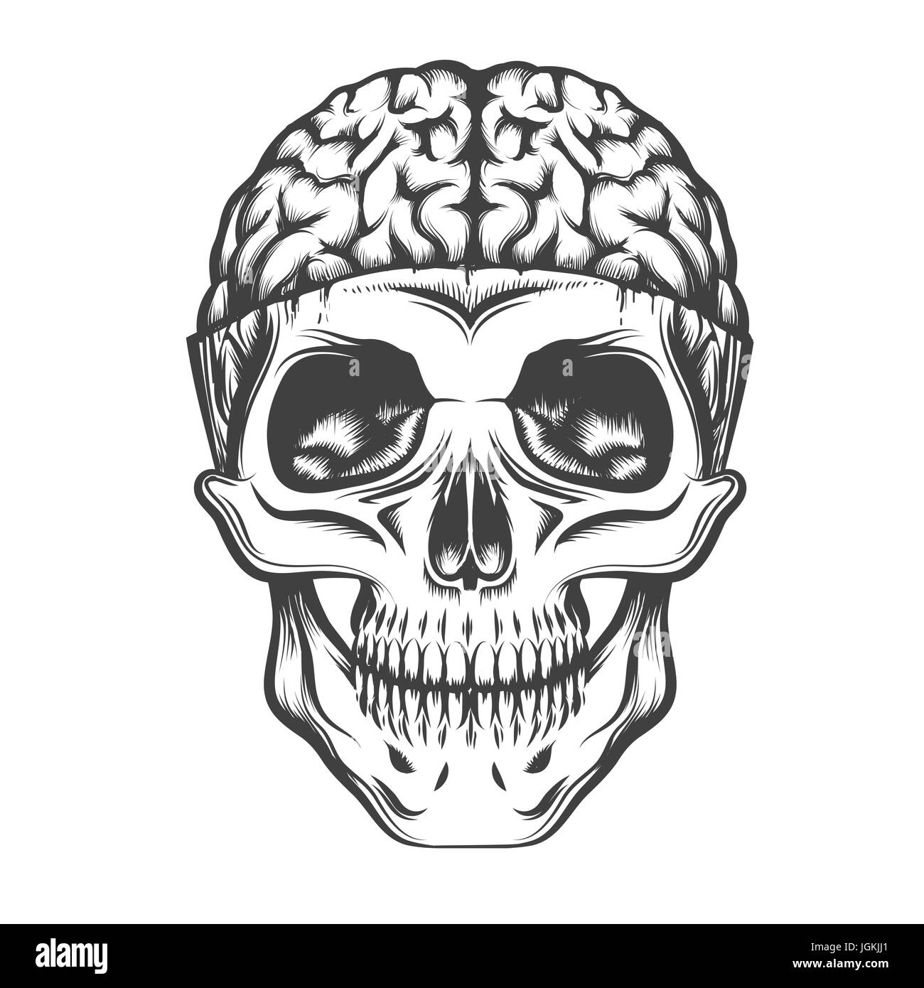 Cranio umano con aprire il cervello. Illustrazione Vettoriale in stile tatuaggio. Illustrazione Vettoriale