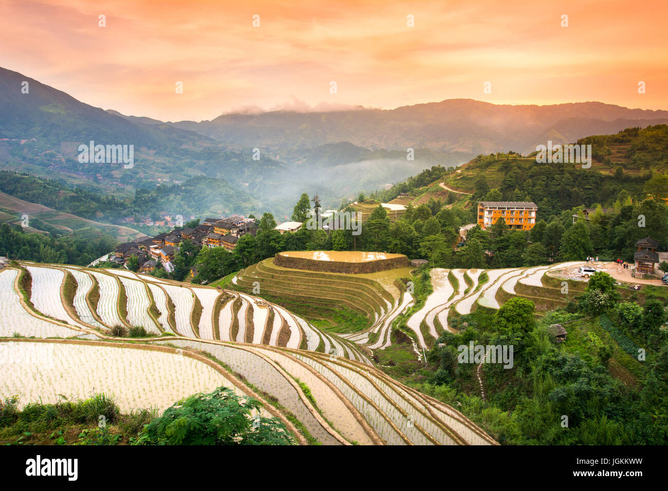 Tramonto sul riso terrazzati in campo Longji, area di Guilin, Cina Foto Stock