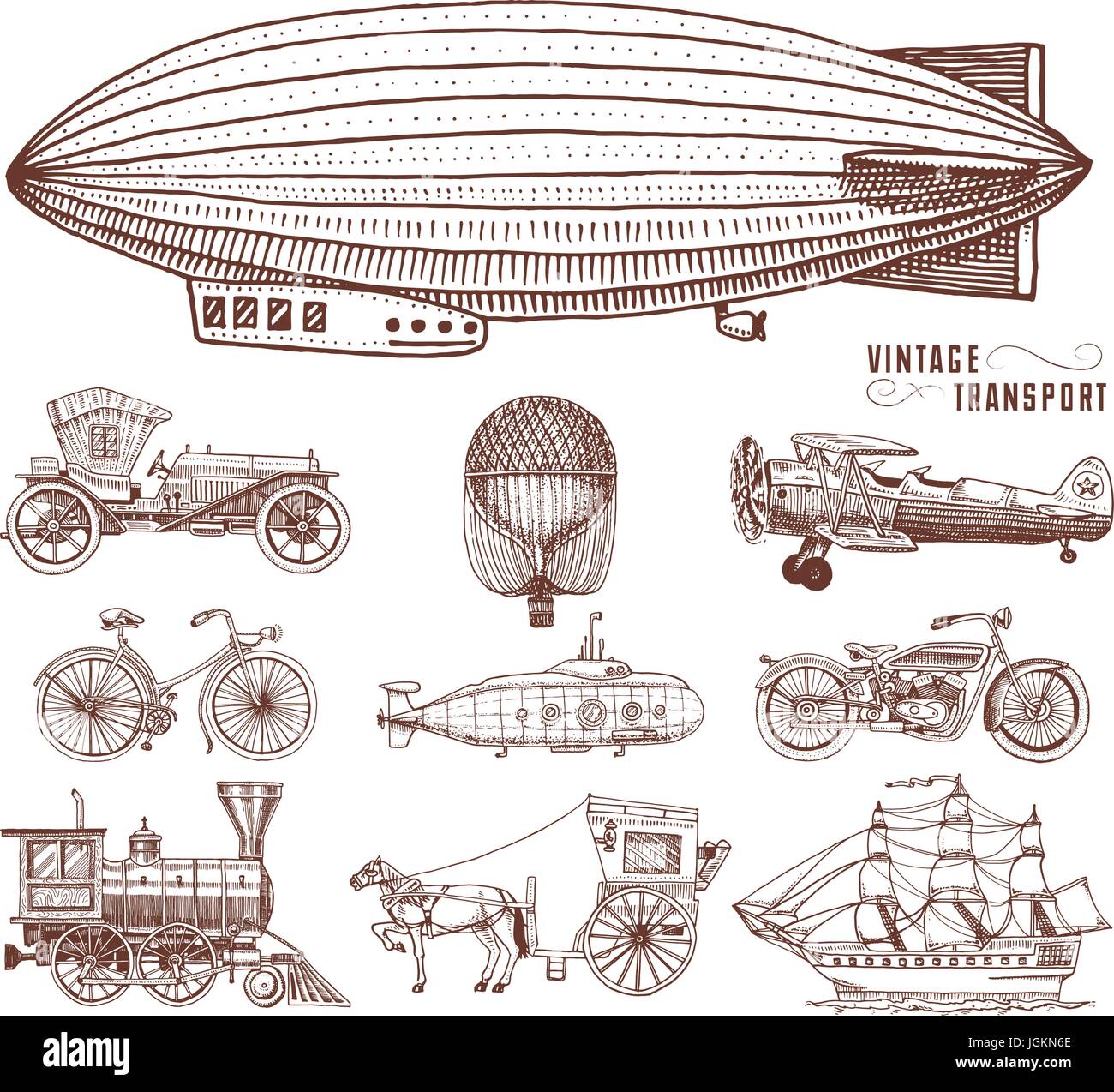 Sommergibile, barca e auto, moto, calesse. dirigibile o dirigibile, pallone aerostatico, aeroplani tutolo di mais, locomotiva. incisi disegnati a mano in vecchio stile sketch, vintage trasporto di passeggeri. Illustrazione Vettoriale