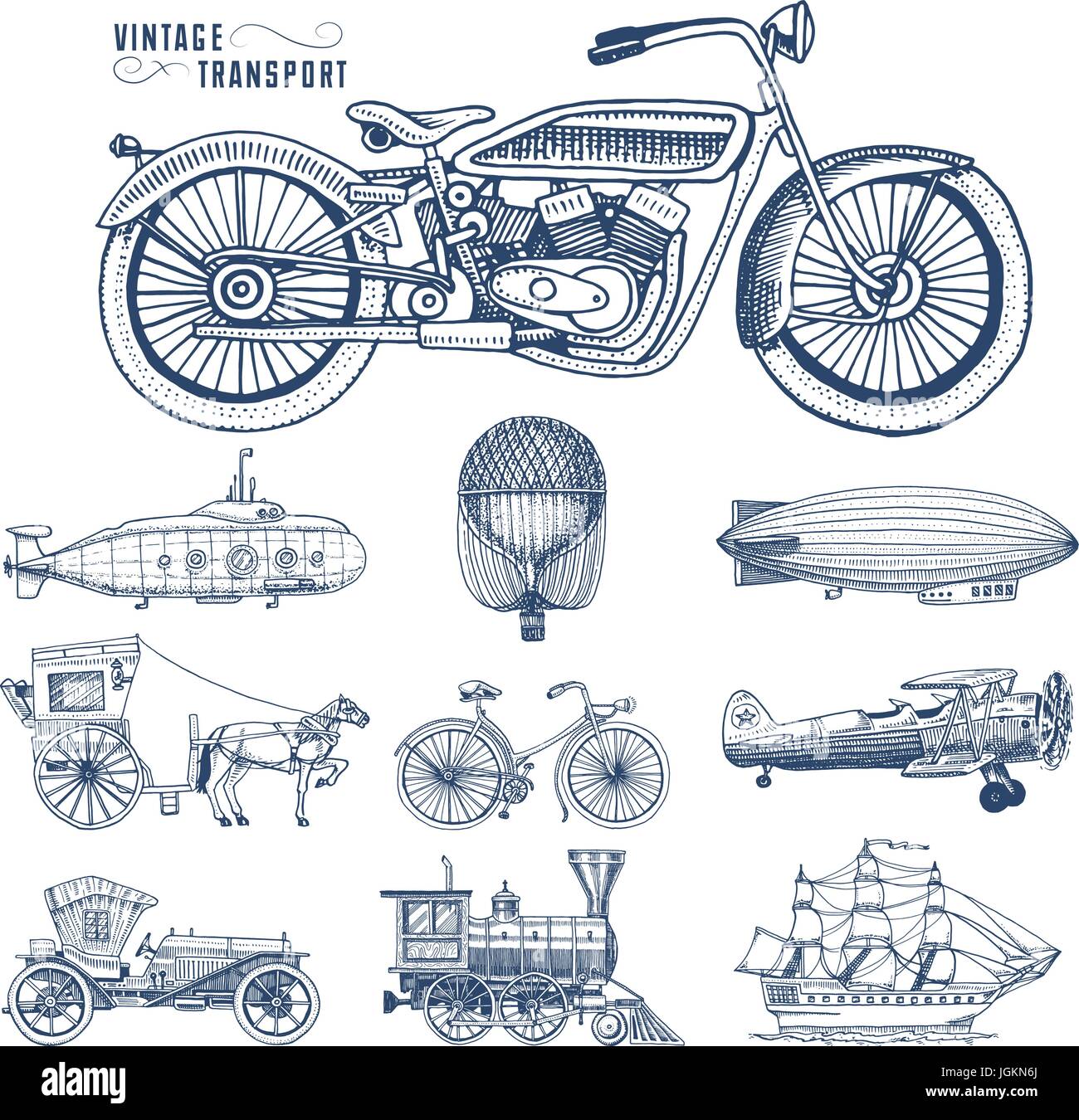 Sommergibile, barca e auto, moto, calesse. dirigibile o dirigibile, pallone aerostatico, aeroplani tutolo di mais, locomotiva. incisi disegnati a mano in vecchio stile sketch, vintage trasporto di passeggeri. Illustrazione Vettoriale