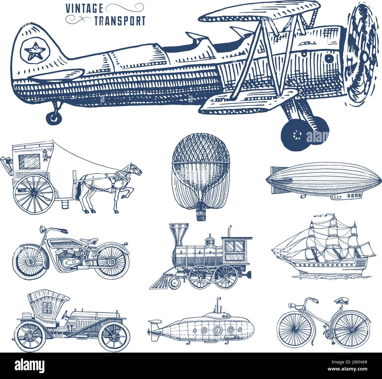 Sommergibile, barca e auto, moto, calesse. dirigibile o dirigibile, pallone aerostatico, aeroplani tutolo di mais, locomotiva. incisi disegnati a mano in vecchio stile sketch, vintage trasporto di passeggeri. Illustrazione Vettoriale