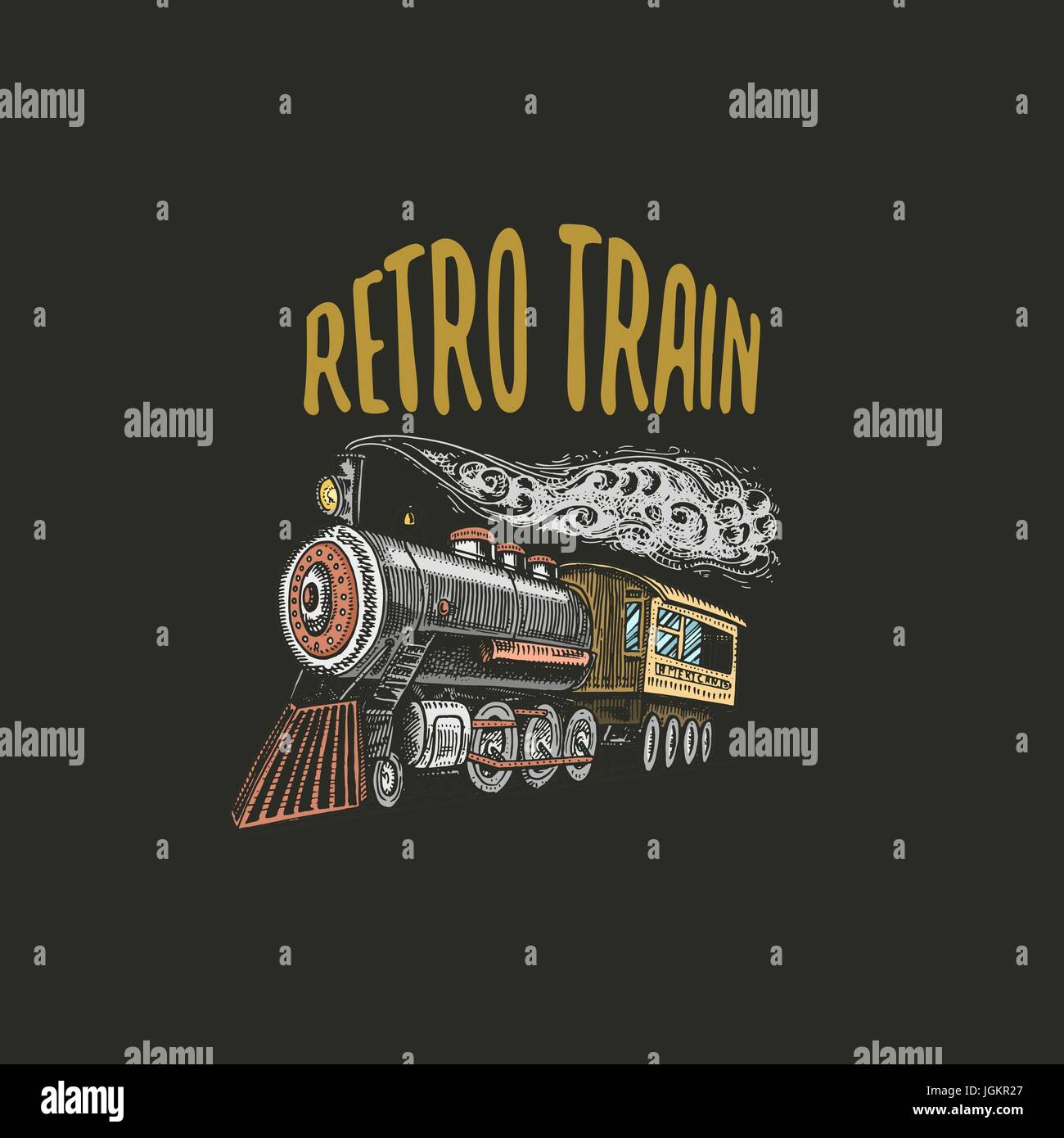 Incisi vintage, disegnati a mano, vecchia locomotiva o con il treno a vapore su american railway. retrò trasporto. Illustrazione Vettoriale