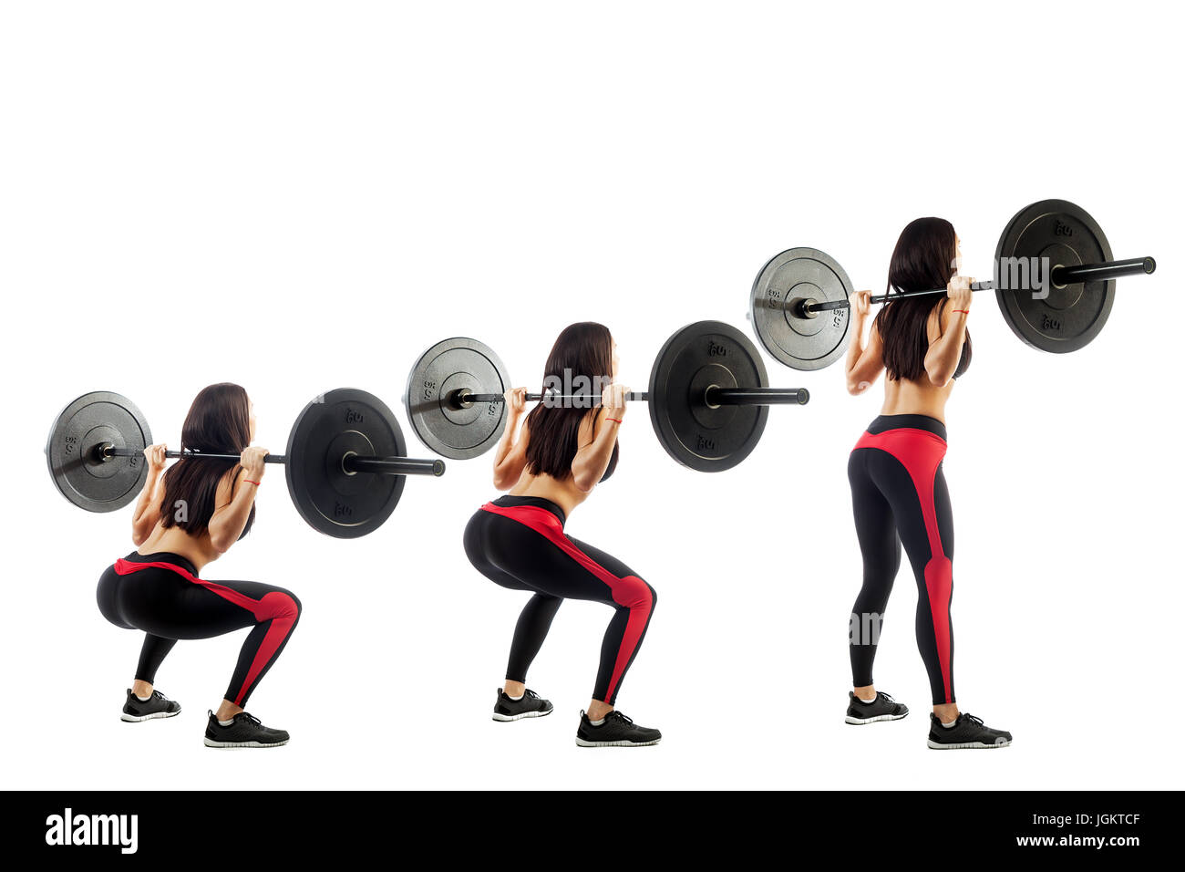 Tecnica di corretta esecuzione degli squat con un barbell realizzato da una  giovane donna sportiva modello fitness su un bianco sfondo isolato Foto  stock - Alamy