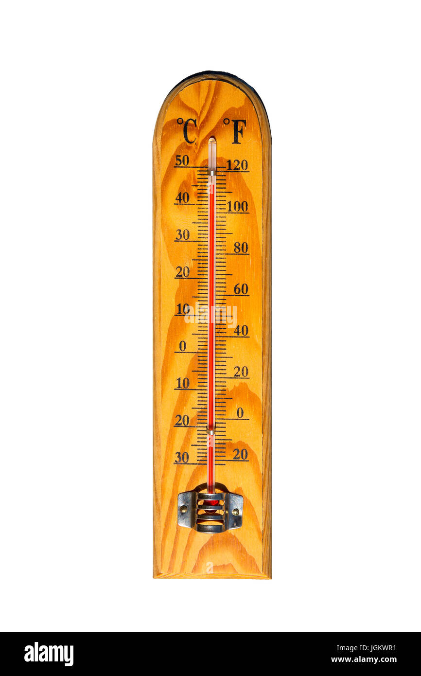 Termometro a mercurio marcatura 45 gradi Celsius, 114 gradi Fahrenheit isolato su uno sfondo bianco. L'estate calore mostrato sul termometro a mercurio. Foto Stock