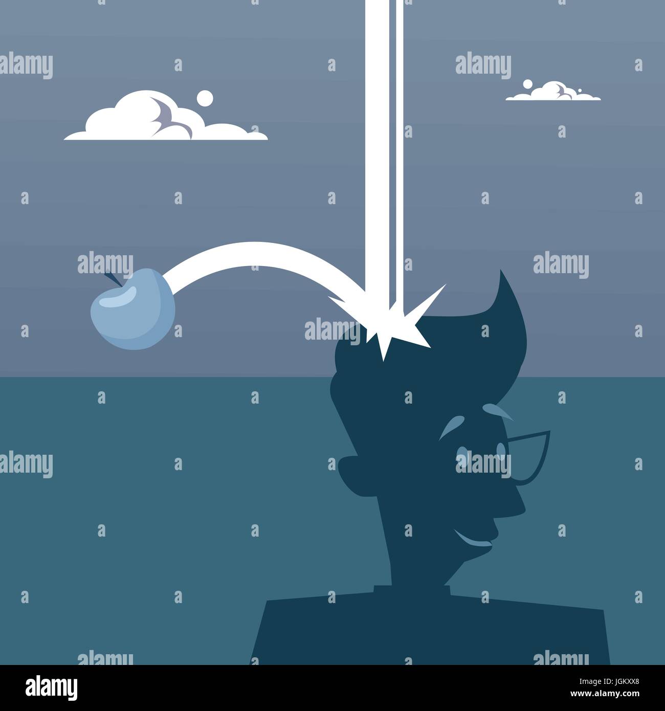 Una mela che cade sulla testa grande idea nuova nozione Illustrazione Vettoriale