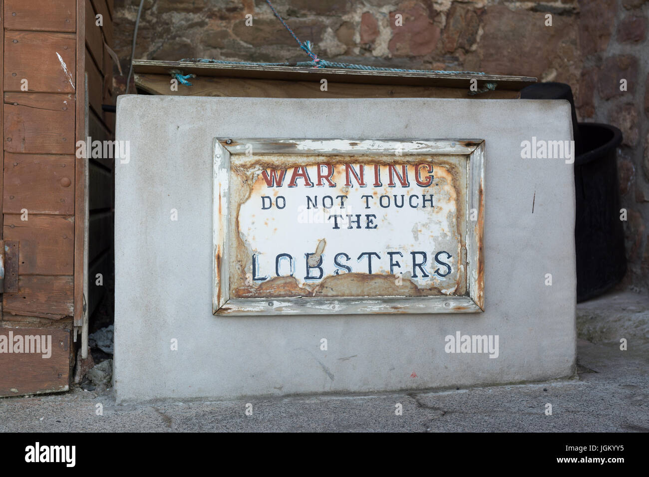 Crail Harbour Lobster Hut - Avvertenza Non toccare le aragoste segno sul serbatoio di aragosta a Reilly crostacei ristorante di pesce da asporto, Fife, Scozia, Regno Unito Foto Stock