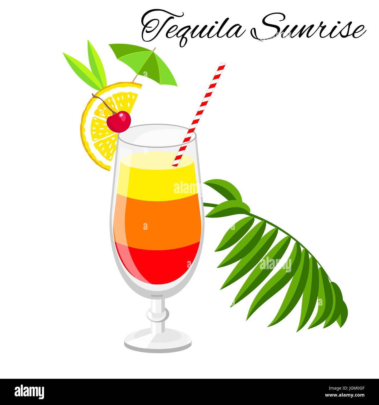 Tequila Sunrise cocktail in stile cartone animato. Estate long drink isolato su bianco per il ristorante e bar menu o beach party banner e flyer Foto Stock