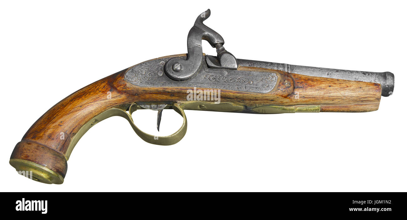 Vintage antique flintlock pistol isolati su sfondo bianco Foto Stock