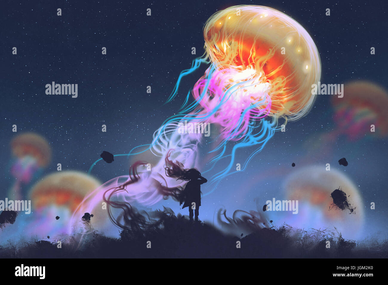 Silhouette ragazza guardando medusa gigante galleggiante nel cielo, arte digitale stile, illustrazione pittura Foto Stock