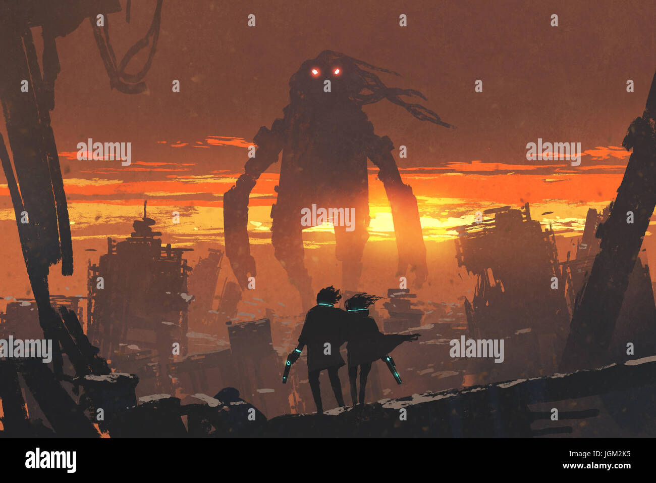 Sci-fi scena della giovane azienda gun guardando giant robot in piedi in città distrutta, arte digitale stile, illustrazione pittura Foto Stock