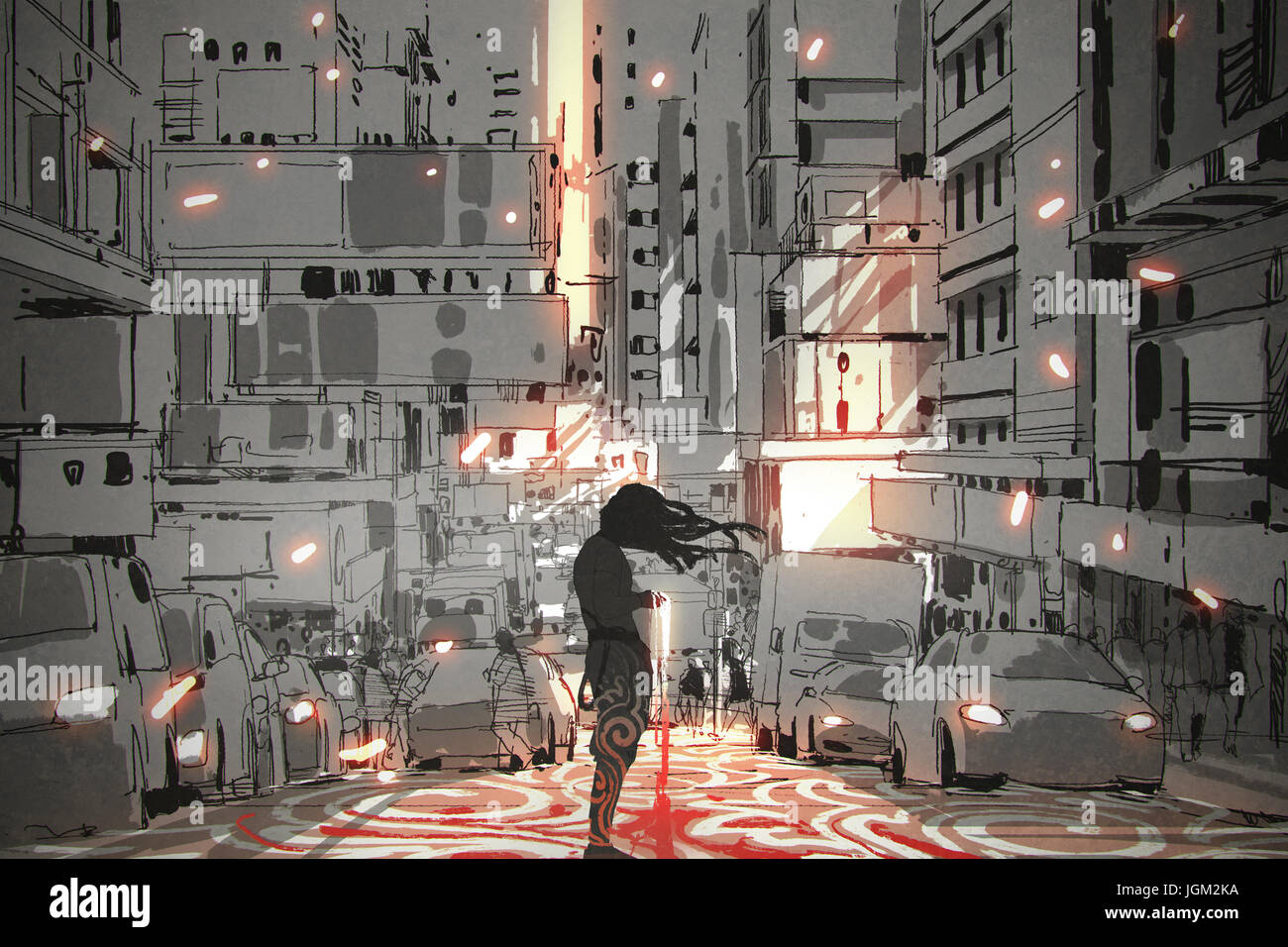 Uomo con capelli lunghi in piedi in città con motivo grafico sulla strada, arte digitale stile, illustrazione pittura Foto Stock