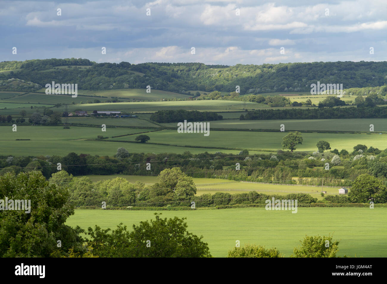 La vista dal Lodge Hill vicino a Saunderton guardando oltre il Chiltern Hills nel Buckinghamshire. Foto Stock