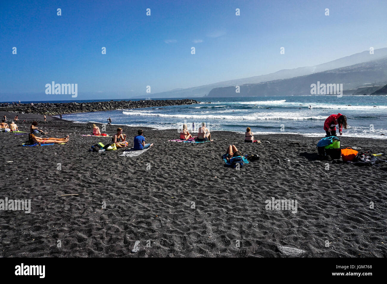 Europa, Isole Canarie, lava spiaggia, Playa martianez, Puerto de la Cruz, lava nera beach, Spagna, Tenerife, isola di Vulcano Foto Stock