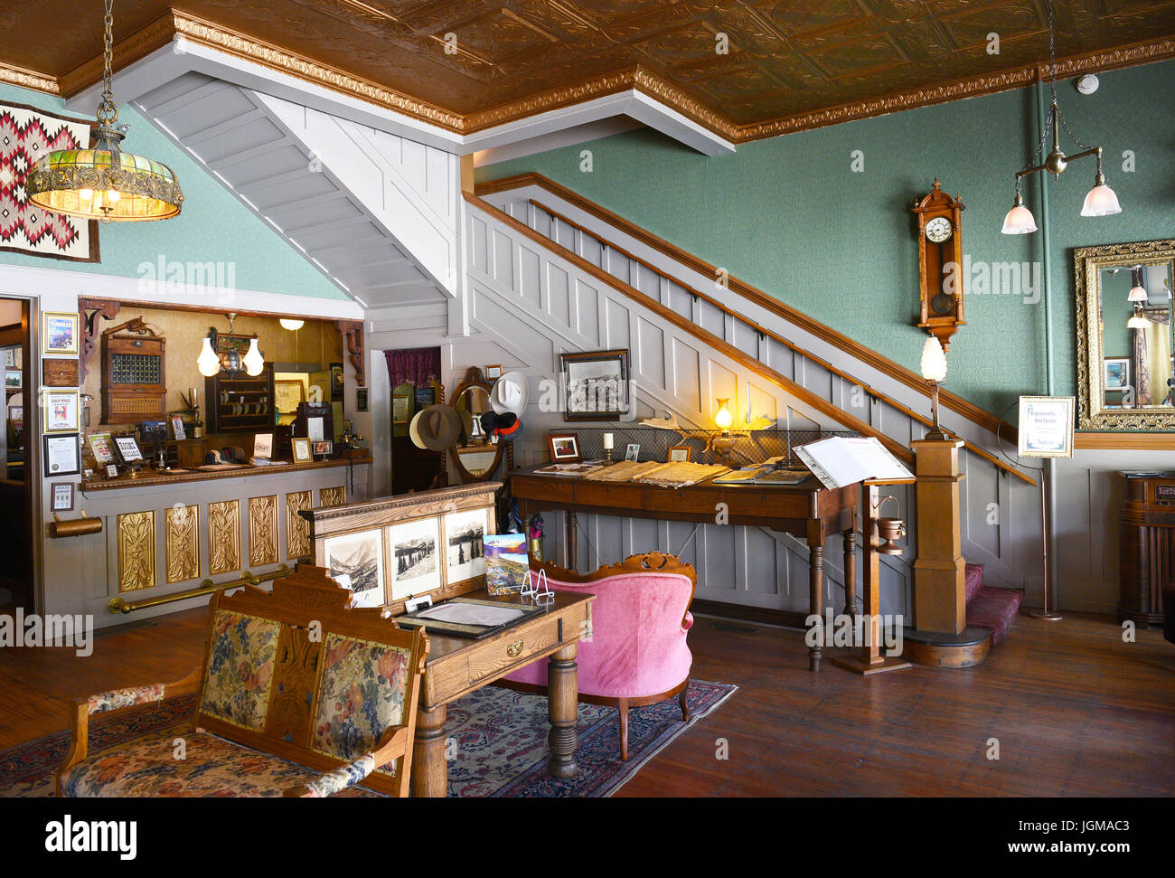 Il bufalo, Wyoming - Giugno 23, 2017: l'Occidental Hotel Front Desk. Fondata nel 1880 ai piedi del Bighorn Mountains vicino a Bozeman Trail, bec Foto Stock