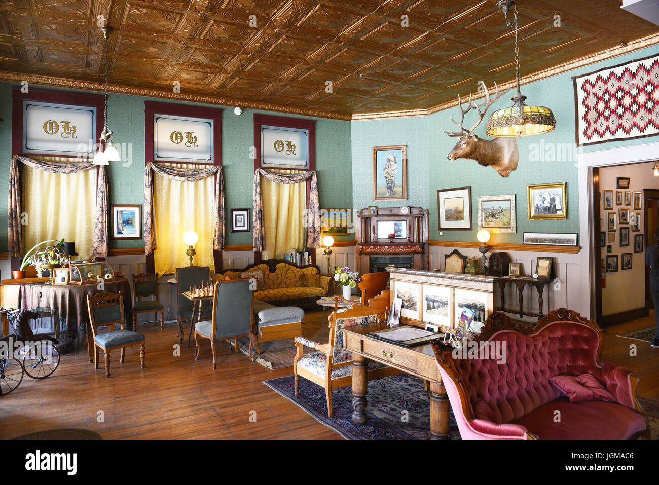 Il bufalo, Wyoming - Giugno 23, 2017: l'Occidental Hotel Lobby. Fondata nel 1880 ai piedi del Bighorn Mountains vicino a Bozeman Trail, divenne o Foto Stock