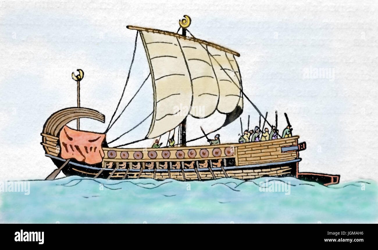 Nave fenicia vela. 900 BC (10th. Secolo). Draving di una tipica barca Fenicia. L'antichità classica. Una fila di remi. Colorazione successiva. Foto Stock