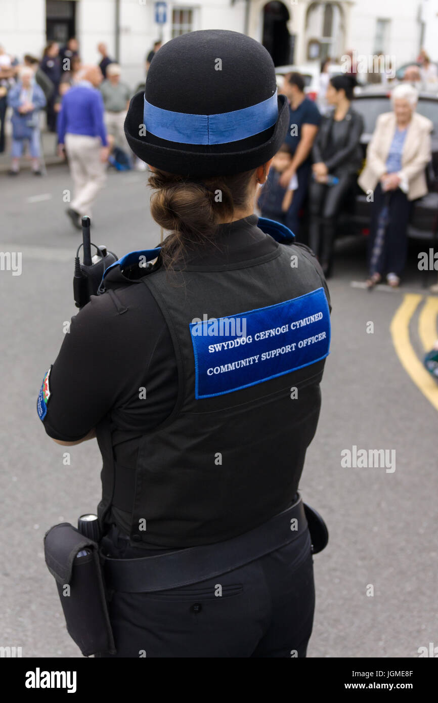 Funzionari di polizia e di sicurezza della Comunità o PCSO in servizio Fornire supporto alla polizia regolare in via Eisteddfod sfilata a Llangollen Foto Stock