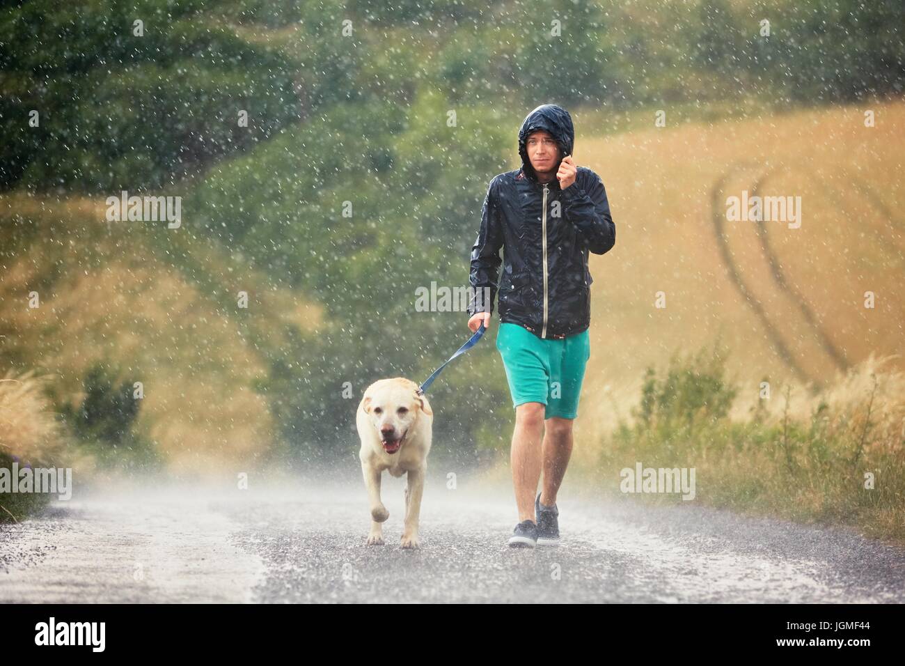 Giovane uomo che cammina con il suo cane (labrador retriever) in heavy rain per la strada rurale. Foto Stock